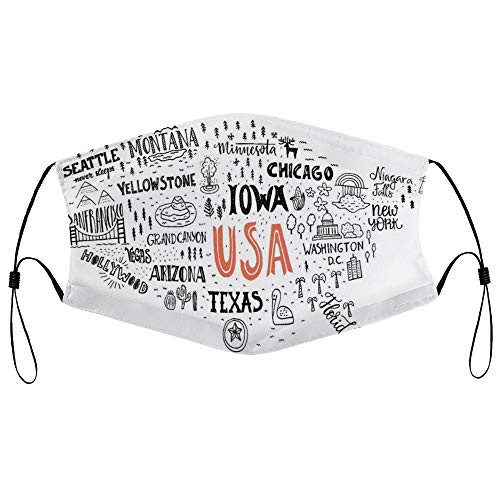 Roupaze Unisex Face Mask United States of America City Typography Pattern with Local Figures Concept Face Mouth Cover Balaclavas Bandana for Adults with 16 Filter