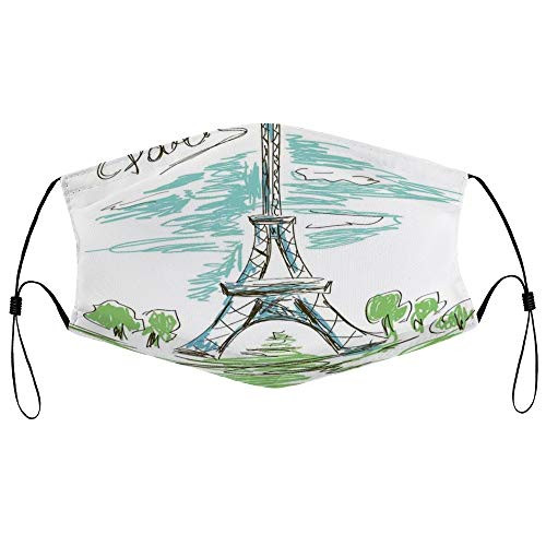 Roupaze Unisex Face Mask Touristic Colorful Sketch of Eiffel Tower in Paris French Style Travel Illustration Face Mouth Cover Balaclavas Bandana for Adults with 16 Filter