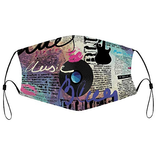 Roupaze Unisex Face Mask Retro Blues Music Genre Old Record Electric Guitars Kiss Inscriptions Grunge Face Mouth Cover Balaclavas Bandana for Adults with 16 Filter