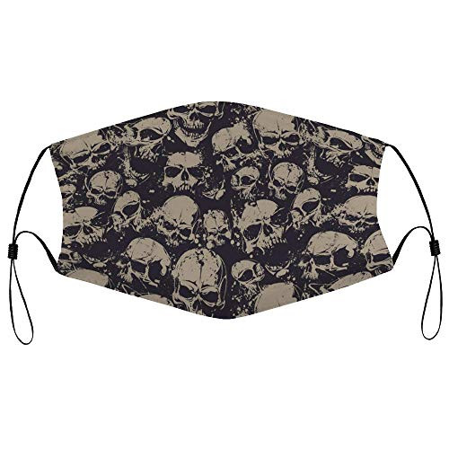Roupaze Unisex Face Mask Skull Grunge Scary Skulls Sketchy Graveyard Death Evil Face Horror Theme Design Dark Night Blue Tan Face Mouth Cover Balaclavas Bandana for Adults with 16 Filter