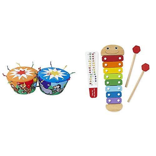 Melissa  and  Doug K's Kids Bongo Drums Soft Musical Instrument  and  Caterpillar Xylophone Musical Instruments Rainbow-Colored One Octave of Notes Self-Storing Wooden Mallets 18" H x 6.2" W x 2" L
