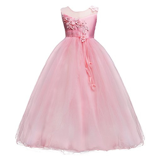 Princess Flower Long Girls Pageant Tutu Dresses Kids Prom Puffy Tulle Dance Party Fall Wedding Bridesmaid Ball Gown Pink 6-7 Years