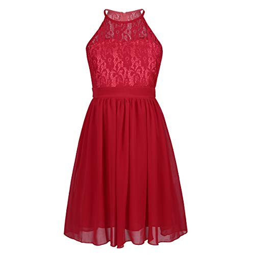 Agoky Kids Halter Floral Lace Sequins Sleeveless Birthday Party Wedding Bridesmaid Flower Girls Dress Red -Halter Neck- 14