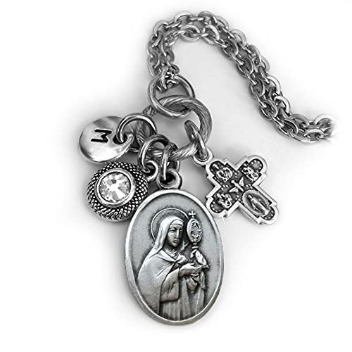 St. Clare of Assisi Necklace Keychain or Clip Patron Saint Confirmation Gift Birthstone Crystal and Initial Charm