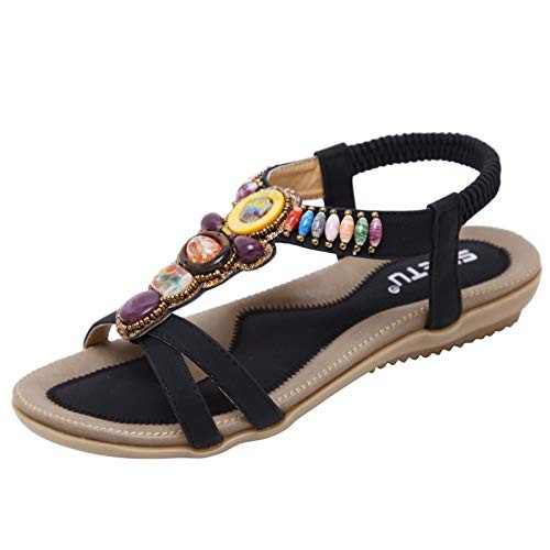 kakina Sandals for Women Casual Summer Ethnic Bohemian Style Beach Wide Width Sandals Slip-on Open Square Toe Flat Sandals Slides Casual Shoes Black 6.5-7