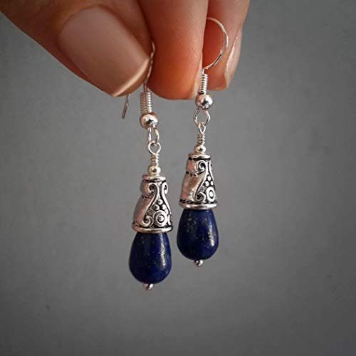 Lapis Lazuli Teardrop Earrings Gemstone Women Jewelry Handmade Tibetan Silver and 925 sterling hooks in Gift Box
