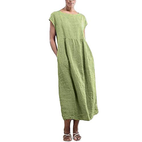 Summer Dresses for Women Womens Solid Sleeveless O-Neck Maxi Pockets Linen Loose Baggy Kaftan Long Dress Mint Green