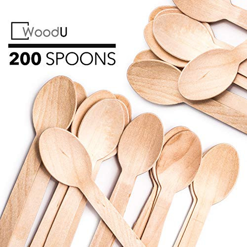 WoodU Disposable Wooden Spoons Natural Birch Wood Biodegradable Utensils Cutlery Eco-Friendly Green (200 pack)