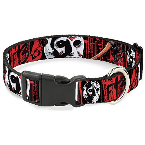 Dog Collar Plastic Clip Friday The 13th Jason Mask4 Axe Blood Splatter Black Red 18 to 32 Inches 1.5 Inch Wide