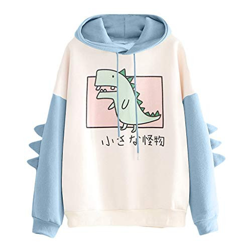 Women's Dinosaur Sweatshirt Long Sleeve Splice Tops Cartoon Cute Hoodies Teens Girls Casual Pullover -Blue X-Large x-l-