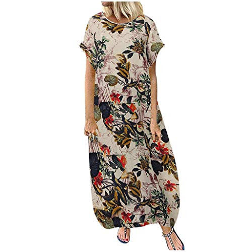 Plus Size Cotton Dress for Women Summer Maxi Dresses Floral Print Vintage Short Sleeve Loose Baggy Long Dress O-Neck White