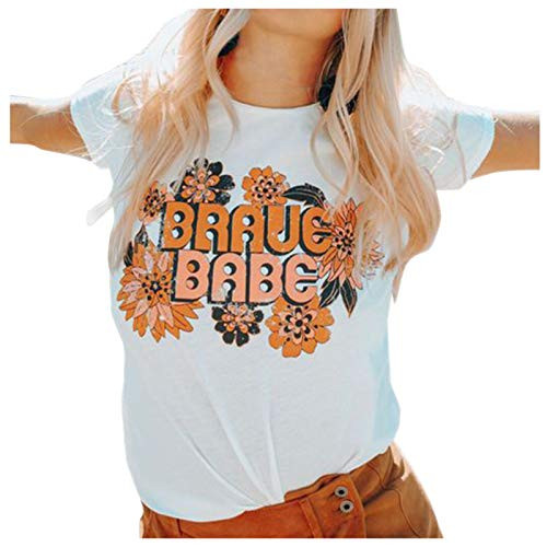 HHoo88 BRAUE Babe Women Summer Loose Tunic Blouse Casual Flower Printing Short Sleeve O-Neck Tee Tops Funny T-Shirt White