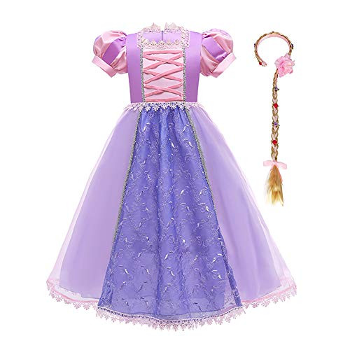 Rapunzel Princess Costume for Little Girls Fancy Birthday Party Fairy Tale Cosplay Dress up Halloween Role Play Tulle Dance Ball Gown Outfit with Long Braided Wigs Hair Headband Purple  and  Blue 7-8