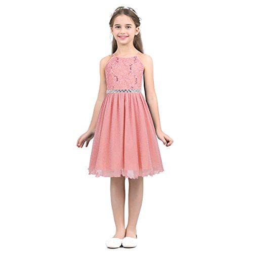 Agoky Kids Halter Floral Lace Sequins Sleeveless Birthday Party Wedding Bridesmaid Flower Girls Dress Coral Pink 6