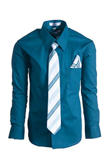 Tuxgear Boys Long Sleeve Button Up Dress Shirt Necktie 12 Teal -12 Teal-