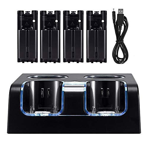 Wii Charger Station for Wii Controller, Wii Remote Charger with 4 Rechargeable Batteries USB Charging Cord LED Indicator -Black