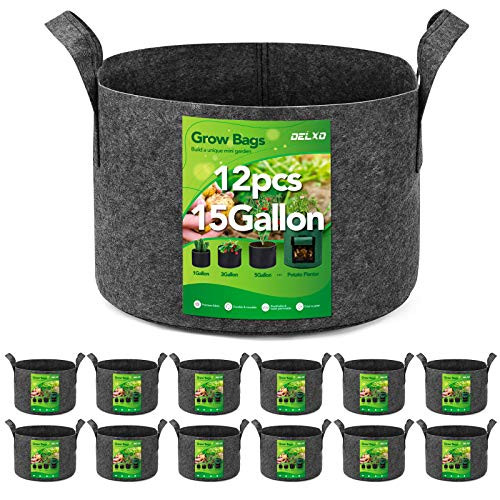 Delxo 12-Pack 15 Gallon Grow Bags Heavy Duty Aeration Fabric Pots Thickened Nonwoven Fabric Pots Plant Grow Bags Grey