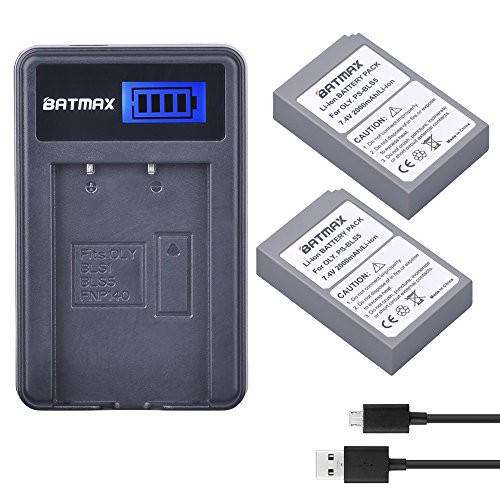 Batmax 2000mAh 2Pcs PS-BLS-5 BLS5 BLS50 Battery + LCD USB Charger for Olympus BLS-5, BLS-50, PS-BLS5 Pen E-PL2,E-PL5,E-PL6,E-PL7,E-PM2,OM-D E-M10,E-M10 Mark II,III,Stylus1 Camera Batteries