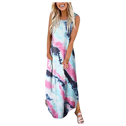 Dress for Women Casual Summer Plus Size Solid Sleeveless O-Neck Dress Loose Long Maxi Party Dress with Pockets