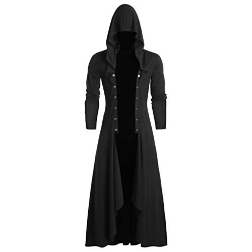 Men's Black Gothic Vintage Long Jacket Retro Punk Steampunk Wind Cloak Coat Button Hooded Cardigan -L Black-