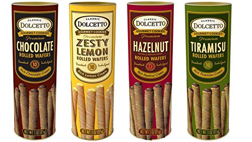 Dolcetto Premium Cream Filled Rolled Wafers Gourmet Cookies 4 Flavor Variety Bundle -1- each- Chocolate Zesty Lemon Hazelnut Tiramisu -3 Ounces- Dolcetto Premium Cream Filled Rolled Wafers Gourmet Cookies 4 Flavor Variety Bundle -1- each- Chocolate Zesty Lemon Hazelnut Tiramisu -3 Ounces-