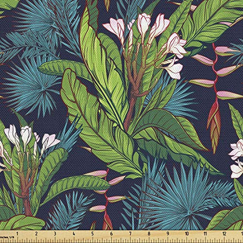 Ambesonne Leaf Fabric by The Yard Tropical Jungle Palm Tree Banana Leaves Frangipani Heliconia on a Dark Blue Background Decorative Fabric for Upholstery and Home Accents 3 Yards Green Teal