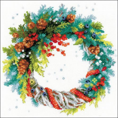 RIOLIS 1603 - Wreath with Blue Spruce - Counted Cross Stitch Kit 11¾" x 11¾" Zweigart 14 ct. White AIDA 29 Colors