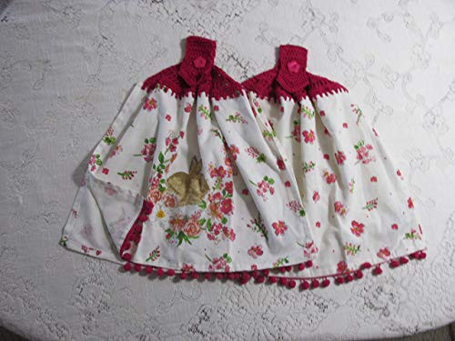 Spring Bunny Set of 2 Double Layer Spring or Easter Hanging Kitchen Towels - Rose-Red Cotton Crochet Top