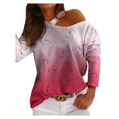 Tops for Women Casual Summer O-Neck Off Shoulder T-Shirt Gradient Printed Long Sleeve Blouse Shirt Tunic Top