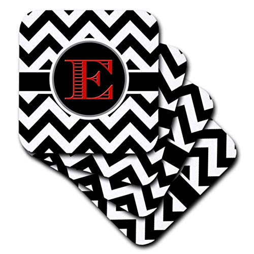 3D Rose Black and White Chevron Monogram Red Initial E Ceramic Tile Coasters