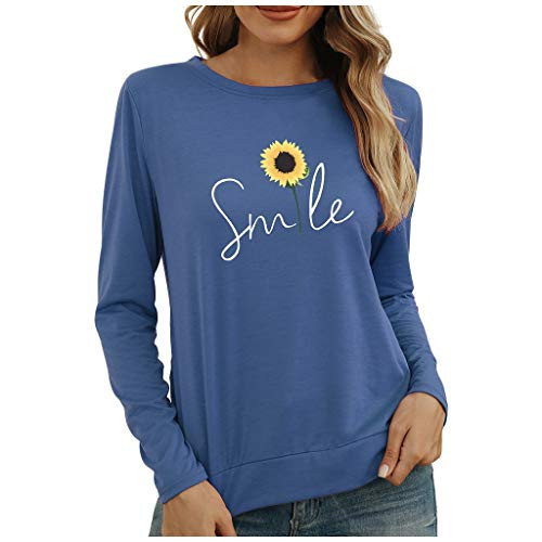 Eoeth Womens Casual Loose O-Neck Sunflower Printed Long Sleeve Tops Casual Top Shirts T-Shirt Sweatshirt Pullover Blue