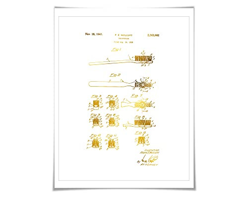 Toothbrush Gold Foil Patent Illustration. 7 Foil Colours. Dentist Office Art. Vintage Art Print