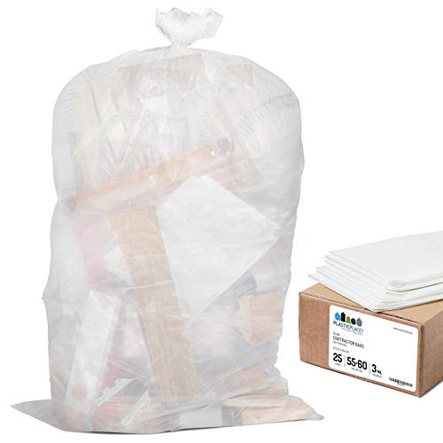 Plasticplace Contractor Trash Bags 55-60 Gallon ? 3.0 Mil ? Clear Heavy Duty Garbage Bag ? 37.5 x 56.6 (25 Count)