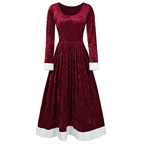 TOPUNDER Festival Dress Womens Merry Christmas Velvet Long Sleeve O-Neck Dress Wine