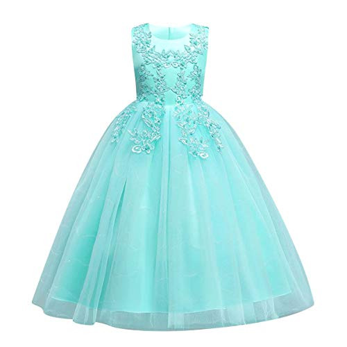 Flower Girls Vintage Embroidery Sequin Lace Wedding Dress Kids Bridesmaid Pageant Birthday Party Princess Long Formal Prom Ball Gown First Communion Boho Dance Tulle Maxi Dress Lght Green-Beads 7-8