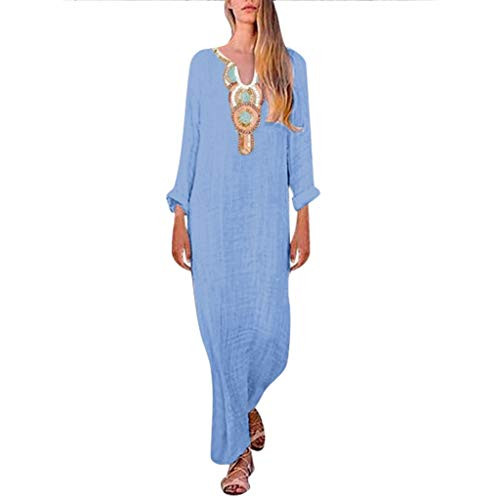 Womens Printed Long Sleeve V-Neck Maxi Dress Split Hem Baggy Kaftan Long Skirt -B-Blue Small- Womens Printed Long Sleeve V-Neck Maxi Dress Split Hem Baggy Kaftan Long Skirt -B-Blue Small-
