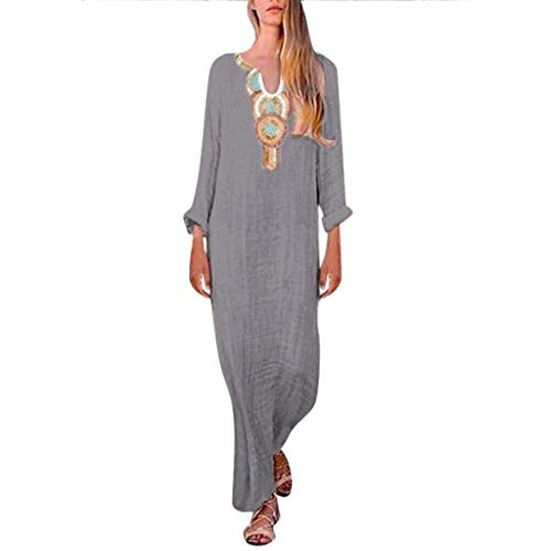 Womens Printed Long Sleeve V-Neck Maxi Dress Split Hem Baggy Kaftan Long Skirt -B- Dark Gray Small- Womens Printed Long Sleeve V-Neck Maxi Dress Split Hem Baggy Kaftan Long Skirt -B- Dark Gray Small-