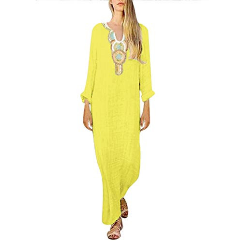 Womens Printed Long Sleeve V-Neck Maxi Dress Split Hem Baggy Kaftan Long Skirt -B-Yellow Medium- Womens Printed Long Sleeve V-Neck Maxi Dress Split Hem Baggy Kaftan Long Skirt -B-Yellow Medium-