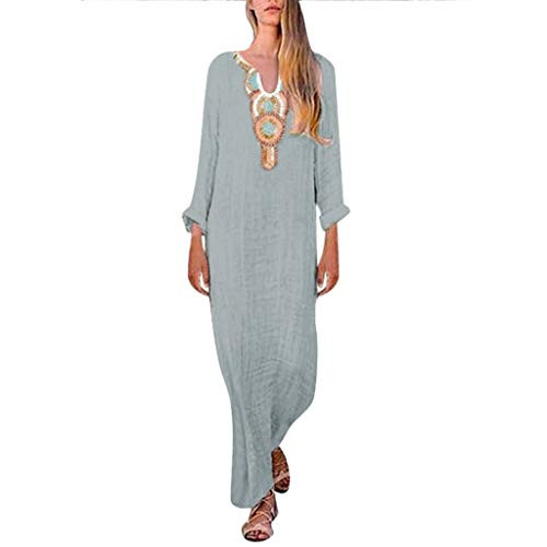 Womens Printed Long Sleeve V-Neck Maxi Dress Split Hem Baggy Kaftan Long Skirt -B-Gray Large- Womens Printed Long Sleeve V-Neck Maxi Dress Split Hem Baggy Kaftan Long Skirt -B-Gray Large-
