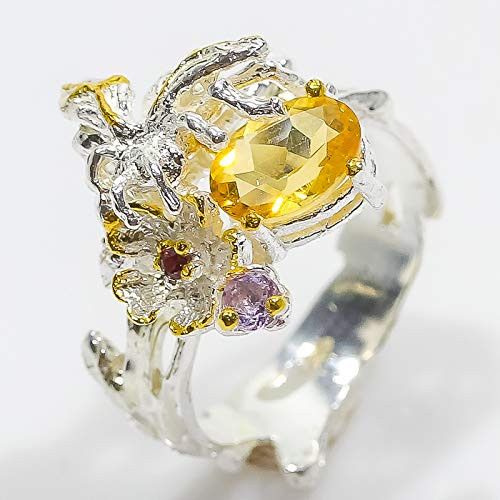 Stylish Art Work Natural Citrine 8x6 mm. 925 Sterling Silver Ring Size 7 8 9