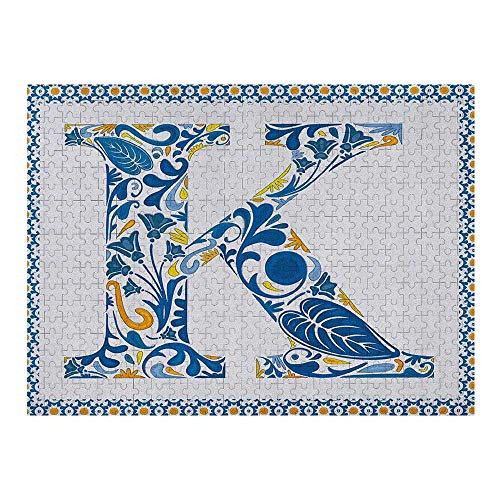 GugeABC Letter K Puzzle Board 500 Piece Abstract Artistic Leaves and Blooms and Capital Initial K Ornate Alphabet Blue Yellow Orange