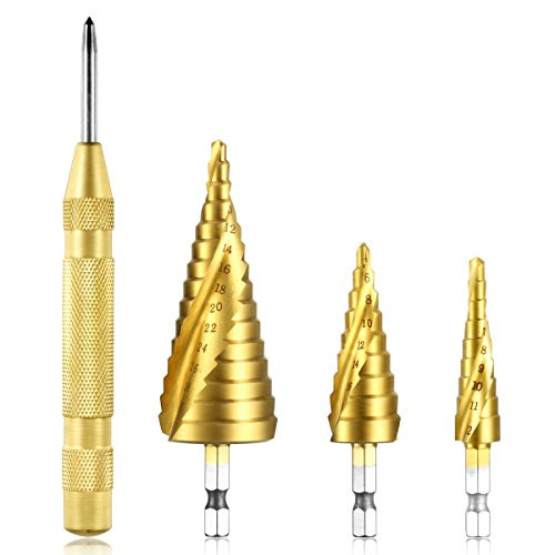 Qibaok Step Drill Bit Set with Automatic Center Punch, 3 PCS HSS Titanium Hex Shank Step Cone Drill Bits for Plastic, Wood, Aluminum, Metal Sheet, Metric 4-12/4-20/4-32mm