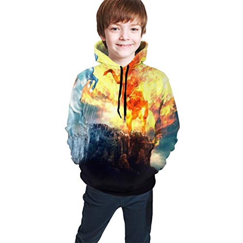 YongColer Unisex Fashion Hooded Sweatshirts Digital Print Pullover Hoodies for Teen Boys and Teen Girls-Ice and Fire Unicorn L-