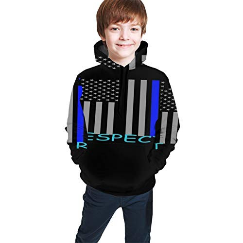 YongColer Boys Girls 3D Printed Hooded Sweatshirt Casual Pullover Hoodie with Big Pockets-Thin Blue Line American Flag Honor Respect Police L-