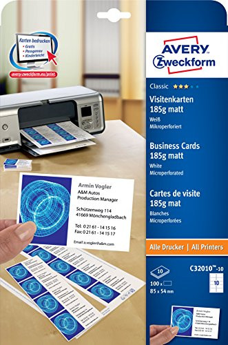 Avery Zweckform Business Cards DIN A4 White 85 x 54 mm 185 g-m2 Matt Micro-Perforated for Inkjet Laser Photocopier Pack of 10 Sheets 100 Cards