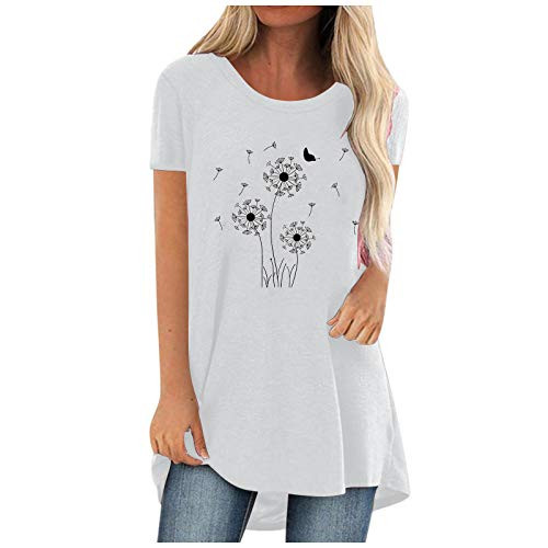 HHoo88 Women Lady Fashion O-Neck Tunic Shirt Short Sleeve Print Blouse Tunics Shirts Top Tee Summer Tank Tops White
