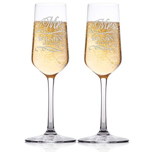 Set of 2 Personalized Wedding Champagne Flute Glasses Customized Wedding Champagne Glasses for Bride and Groom Mr Mrs Last Name and Date With Swirl Celebration Champaign Flute Set C6