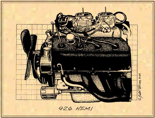 K. Scott Teeters - Illustrated Corvette Series 426 Chrysler Street Hemi Muscle Car Engine Poster Paper Art Print