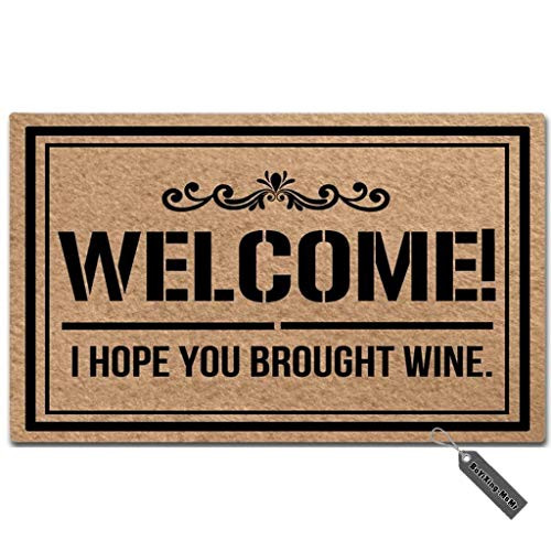 MsMr Doormat Entrance Floor Mat Welcome I Hope You Brought Wine Funny Door Mat Indoor Outdoor Decorative Doormat Non-Woven Fabric Top 23.6"x15.7"