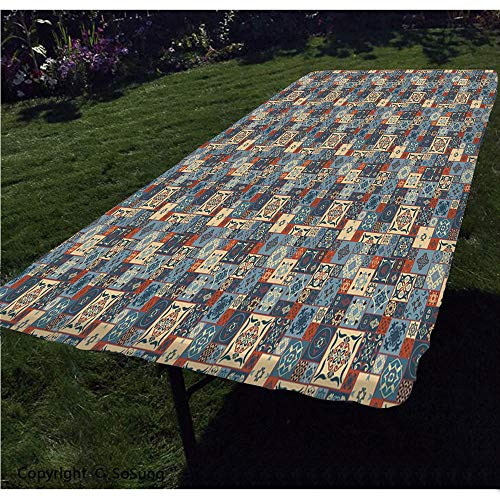 Moroccan Polyester Fitted TableclothGrid Style Square Pattern Ornamental Arabesque Oriental Tunisian Rectangular Elastic Edge Fitted Table CoverFits Rectangular Tables 72x32 Slate Blue Cream Dark O